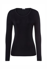 Schwarzes Langarmshirt mit weitem Ausschnitt. Glattes, dehnbares Material mit schmaler Passform und ohne sichtbare Muster oder Akzente.