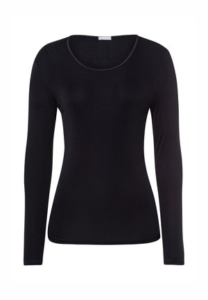 Black long-sleeve shirt with a scoop neckline. Smooth, stretchy fabric with a fitted design and no visible patterns or accents.