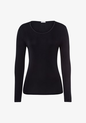 T-shirt noir à manches longues avec col plongeant. Tissu lisse et extensible avec un design ajusté et sans motifs ni accents visibles.