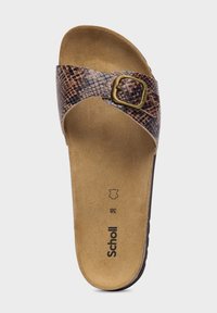 Bas de slide marron à motif serpent avec une boucle décorative et une semelle intérieure rembourrée et texturée. Nom de la marque "Scholl" visible sur la semelle.