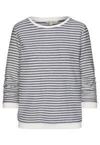 Maglietta a maniche lunghe a righe blu navy e bianche con un motivo testurizzato. Presenta un colletto tondo e polsini a costine. Vestibilità regolare.