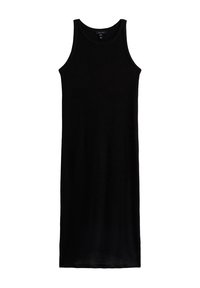 Robe noire sans manches en tissu côtelé. Design ajusté de mi-longueur avec un col rond et sans matériel visible.