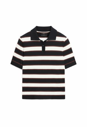 Polo a maniche corte con righe orizzontali nere, bianche e marroni e colletto nero con tre bottoni.