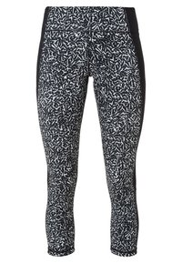 Leggings in un motivo astratto in bianco e nero, con vita alta, superficie liscia e pannelli laterali a tinta unita nera a contrasto.