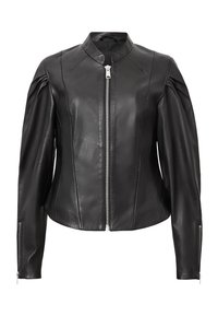 Giubbotto in pelle nera con colletto rialzato, zip sul davanti e dettagli arricciati sulle spalle. Presenta maniche lunghe con polsini zip e cuciture piatte.