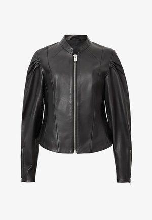 Schwarze Lederjacke mit Stehkragen, Reißverschluss vorne und gerafften Schulterdetails. Sie verfügt über lange Ärmel mit Reißverschluss an den Bündchen und flachen Nähten.