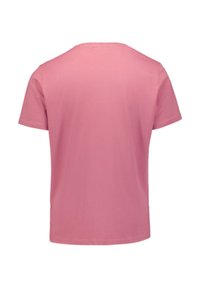 T-shirt à manches courtes en coton rose clair, avec un col rond et un ourlet droit, présentant une texture lisse et sans motifs visibles.