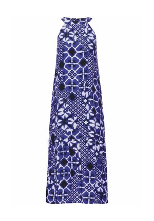 Maxi dress in blue and white geometric pattern. Fabric is lightweight with a halter neck design and a relaxed, flowing shape.