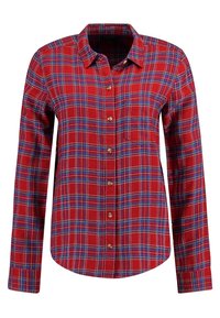 Röd rutig långärmad skjorta med knappar, blå och vita ränder, krage och bröstficka.