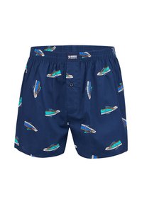 Boxer homme bleu marine avec taille élastique et imprimé intégral d’illustrations colorées de baskets.