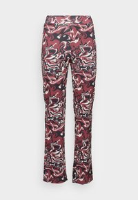 Calças estampadas com um design em espiral em burgundy, preto, branco e creme. Feitas de um tecido liso e elástico com bainha larga.