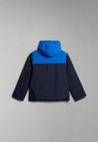 Marineblauwe hooded jacket met elastische manchetten en een trekkoord onderaan. Gladde textuur; kleurvlak ontwerp met een effen blauwe bovenkant.