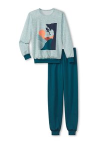 Twee-delige loungewear set met een lichtgrijze sweatshirt met een bergafbeelding en teal pyjamabroeken met elastische boorden.