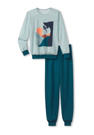 Zweiteiliges Lounge-Set bestehend aus einem hellgrauen Sweatshirt mit einem Bergmotiv und tealfarbenen Schlafanzughosen mit elastischen Bündchen.