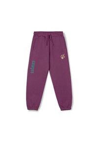 Pantalones de chándal morados hechos de una tela suave con puños elásticos, que cuentan con bolsillos laterales y gráficos en verde y dorado en la parte delantera.