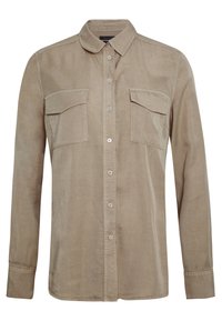 Light brown, long-sleeve shirt in a soft fabric. Features a classic collar, two chest pockets, and button front closure with rounded hem.