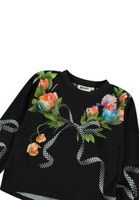 Felpa nera con vivaci stampa floreale in rosa, arancione e blu, con un design a riquadri sulla parte anteriore e sulle maniche.