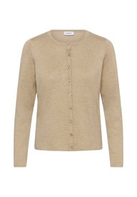 Beige kardigán vyrobený z jemného pleteného materiálu. Má okrúhly výstrih, dlhé rukávy a zapínanie na prednej strane s lesklými striebornými gombíkmi.
