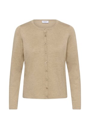 Beige kardigan, mis on valmistatud pehmest kootud materjalist. Omab ümmargust kaelust, pikki varrukaid ja esiõmbluse sädelevate hõbedaste nuppudega.