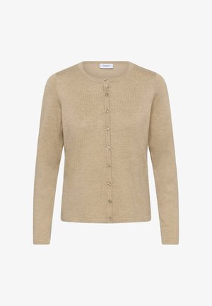 Bež kardigan, izdelan iz mehkega pletenega materiala. Ima okroglo ovratnikom, dolge rokave in sprednje zapiranje na gumb z bleščečimi srebrnimi gumbi.