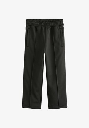 Schwarze Stretchstoffhosen mit einem elastischen Bund, zwei seitlichen Taschen und geradem Beinschnitt. Glatte Textur mit minimaler Detailierung.