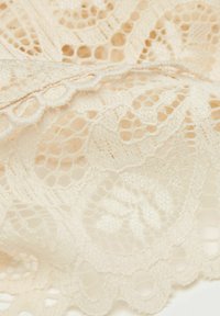 Delicaat beige kant met ingewikkelde bloemenpatronen en geschulpte randen, met een licht glanzende textuur en open weefontwerp.