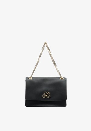 Black leather handbag with a gold monogram logo, featuring a flap closure and a gold chain strap. Textured surface and rounded edges.