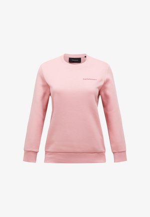 Sweat-shirt en coton rose à manches longues, col rond et poignets côtelés. Présente un petit logo brodé sur la poitrine de couleur contrastante.