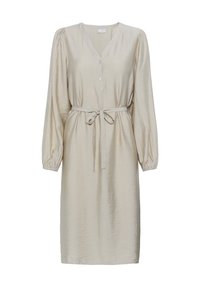 Robe midi beige avec de longues manches bouffantes, col en V, patte de boutonnage à l'avant et ceinture nouée à la taille.