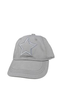 Szara bawełniana czapka baseballowa z haftowanym wzorem gwiazdy z przodu, wygiętym daszkiem oraz widocznymi detalami przeszycia. Regulowane zapięcie z tyłu.