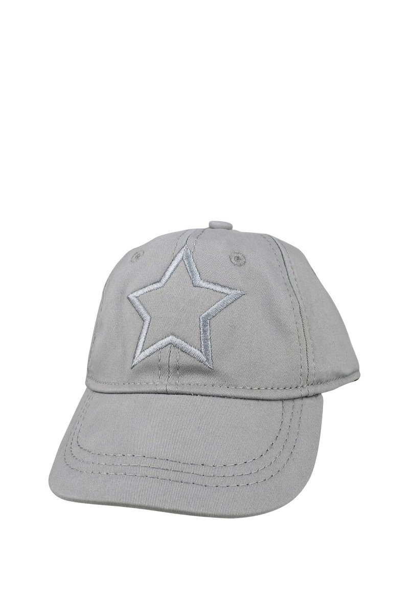 Szara bawełniana czapka baseballowa z haftowanym wzorem gwiazdy z przodu, wygiętym daszkiem oraz widocznymi detalami przeszycia. Regulowane zapięcie z tyłu.