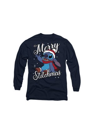 Marineblaue Langarm-T-Shirt aus Baumwolle. Mit einem Grafikdruck eines Cartoon-Charakters in einem Weihnachtsmann-Hut und dem Text "Merry Stitchmas" in Weiß.