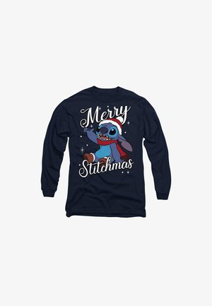 Navy long-sleeve t-shirt made from cotton. Features a graphic of a cartoon character in a Santa hat with "Merry Stitchmas" text in white.