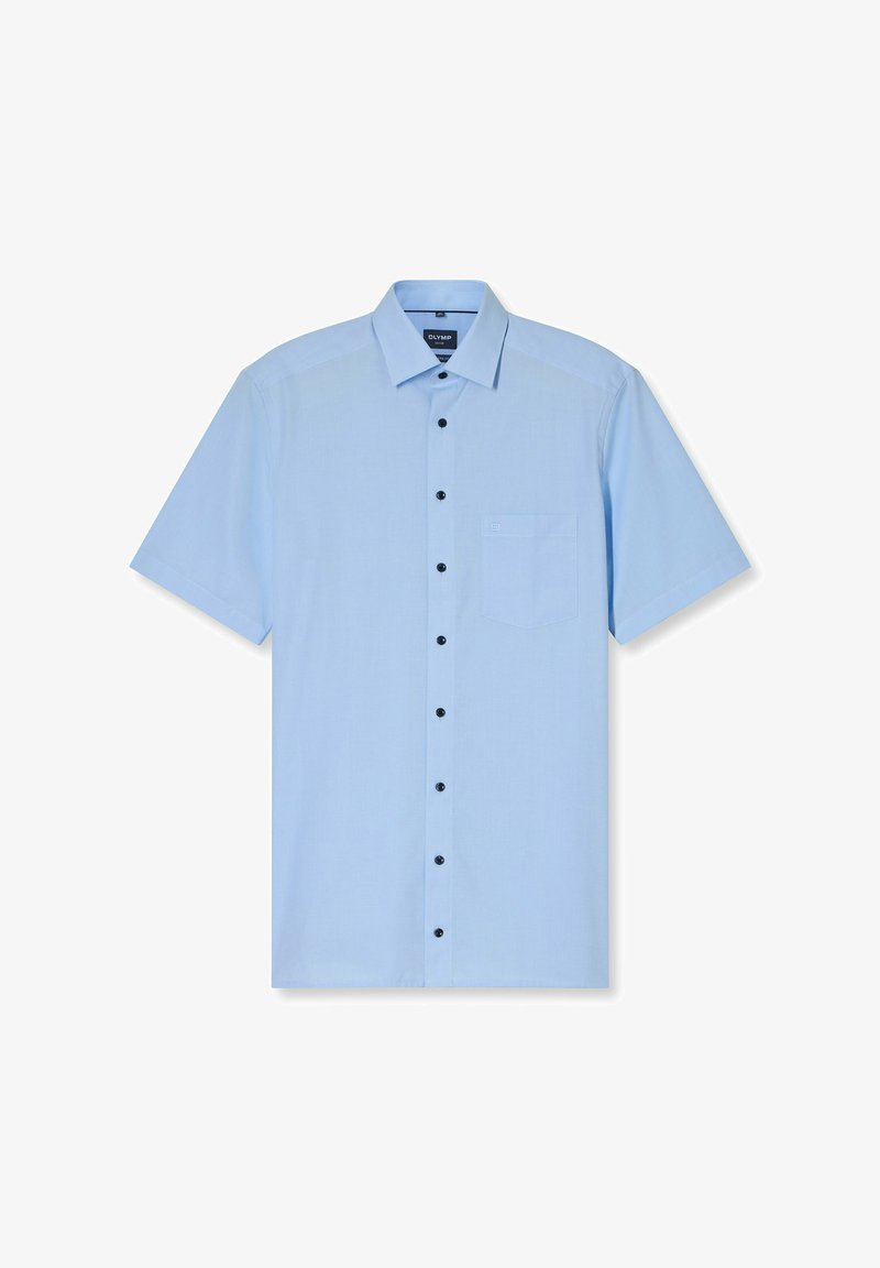 Camicia a maniche corte di colore azzurro chiaro realizzata in tessuto, con abbottonatura frontale, bottoni neri e taschino sul petto con un logo discreto.