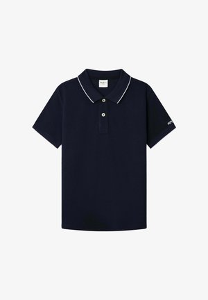 Polo majica tamnoplave boje od pamuka, s klasičnim ovratnikom, belim detaljima, s dva dugmeta i logom na rukavu.