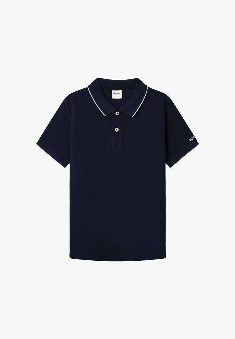 Camisa polo azul marino de algodón, con cuello clásico, ribete blanco, dos botones y logo en la manga.