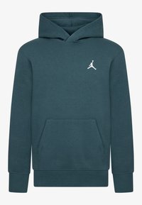 Hoodie w ciemnozielonej tkaninie, z przednią kieszenią typu kangur, ściągaczami na mankietach i białym logo Jumpman na piersi.