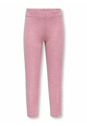 Weiche pinke Slim-Fit-Leggings mit elastischem Bund und kleinem Etikett nahe dem unteren Saum auf weißem Hintergrund.