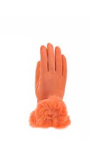 Guanto in suede arancione con polsino in pelliccia soffice, mostrato con il palmo rivolto verso l'alto e le dita unite su sfondo bianco.