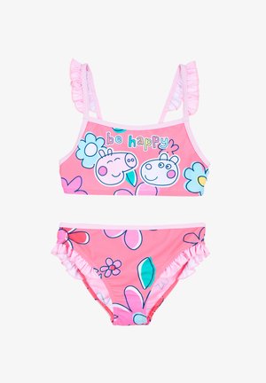 Bikini infantil rosa con tirantes y bordes rizados, patrones florales en colores azul y rosa, con el texto "sé feliz" en la parte superior.