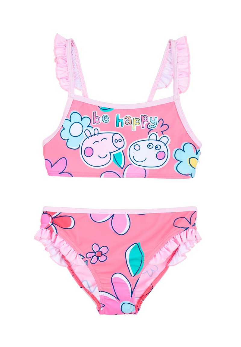 Bikini per bambine di colore rosa con spalline e bordi arricciati, motivi floreali nei colori blu e rosa, con la scritta "sii felice" sulla parte superiore.