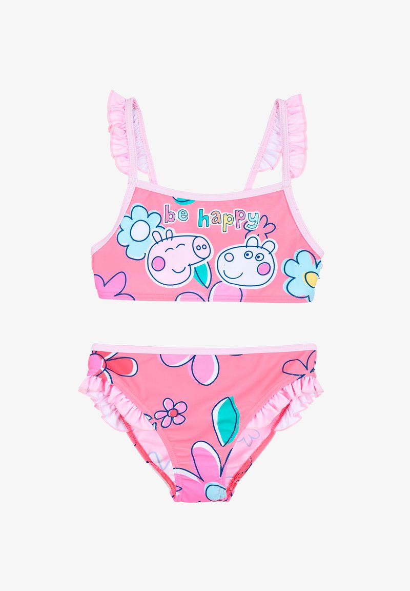 Bikini per bambine di colore rosa con spalline e bordi arricciati, motivi floreali nei colori blu e rosa, con la scritta "sii felice" sulla parte superiore.
