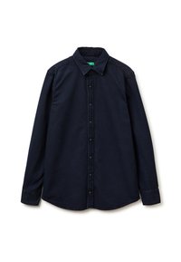 Granatowa koszula zapinana na guziki, z długimi rękawami, klasycznym kołnierzem i prostym dołem. Wykonana z miękkiego, fakturowanego materiału.