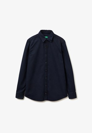 Donkerblauw overhemd met lange mouwen, een klassieke kraag en een rechte zoom. Gemaakt van een zachte, gestructureerde stof.