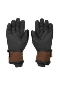 Gants imperméables noirs avec poignets en tissu marron, prise texturée et bouts des doigts renforcés. Comprend une sangle de poignet ajustable.
