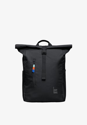 Black roll-top backpack with a front zip pocket, featuring a colorful zipper pull tag and side mesh pockets. Made from durable material.