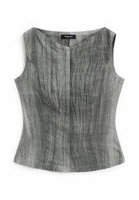 Grauer Leinen-Top ohne Ärmel mit V-Ausschnitt, subtilen vertikalen Falten und taillierter Silhouette. Das Etikett trägt die Aufschrift "Massimo Dutti."