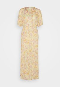 Blomster maxi kjole i gul med pink og orange blomster. Korte ærmer, elastisk talje, flydende silhuet, letvægtsstof.