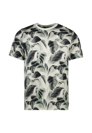 Korte mouwen t-shirt van een lichte stof met een bladerenpatroon in groen en zwart op een lichte achtergrond. Ronde hals, relaxte pasvorm.