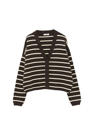 Cardigan rayé horizontal marron et blanc avec col en V et quatre boutons sur le devant, manches longues, poignets et ourlet côtelés.